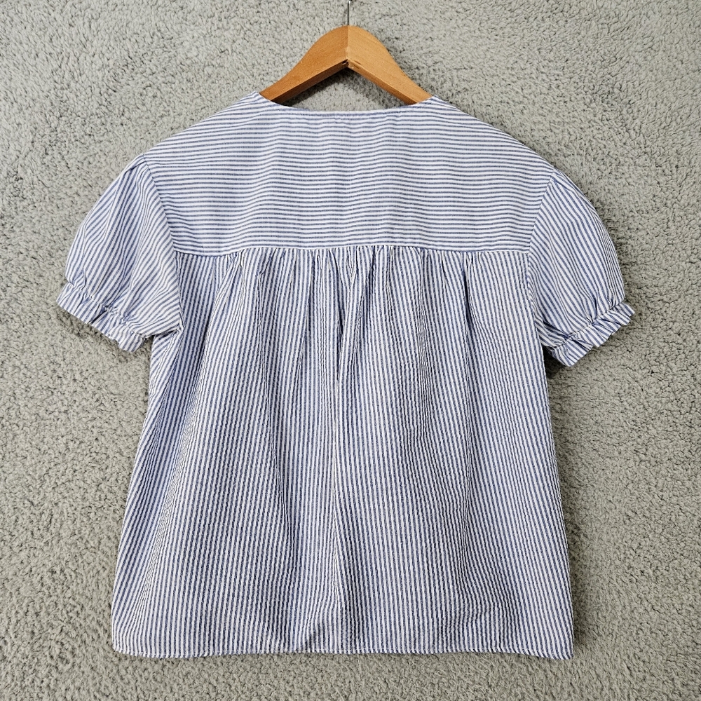 Zara Boho Blue Blouse Small Embroidered Short Puff Sleeves Scalloped Seersuc Top - Picture 3 of 9